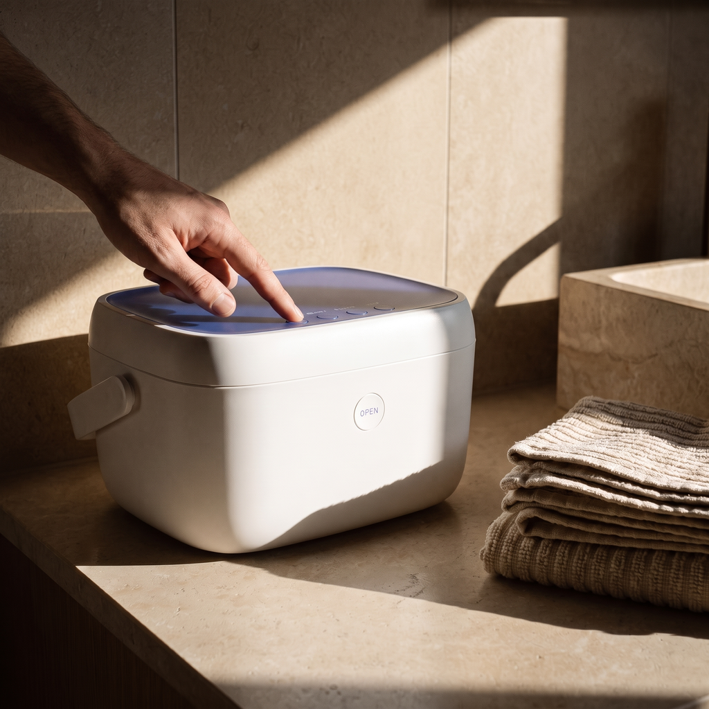 A person pressing a button on a white LiViliti Paptizer 360 device on a stone bathroom counter.