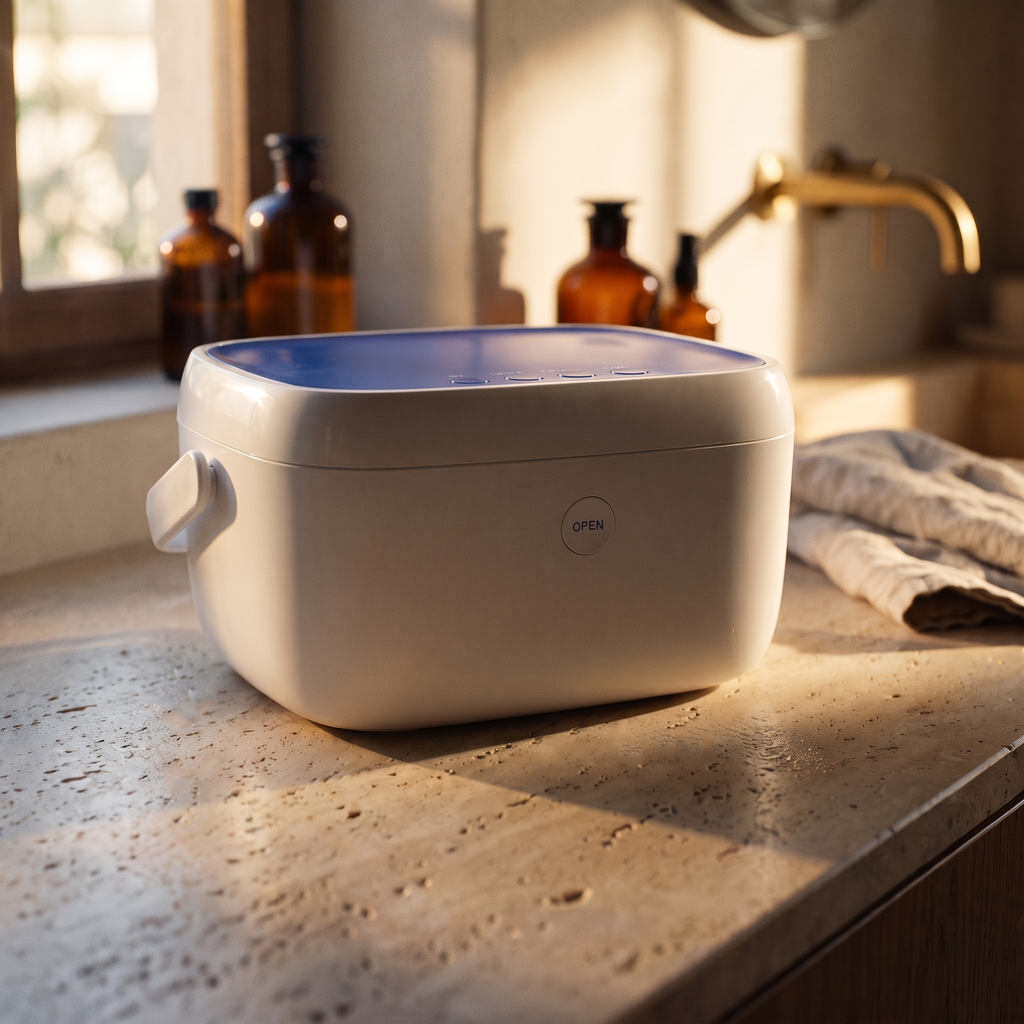 LiViliti Paptizer 360 microbial reduction device, white and blue, on a stone countertop.