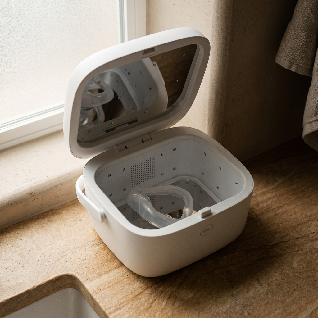 LiViliti Paptizer 360 microbial reduction device in white, open lid showing a CPAP mask inside.