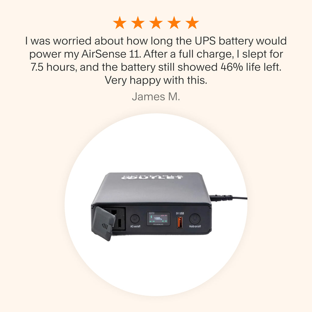 Testimonial praising Portable Outlet UPS Battery for lasting 7.5 hours with 46% charge remaining on AirSense 11.