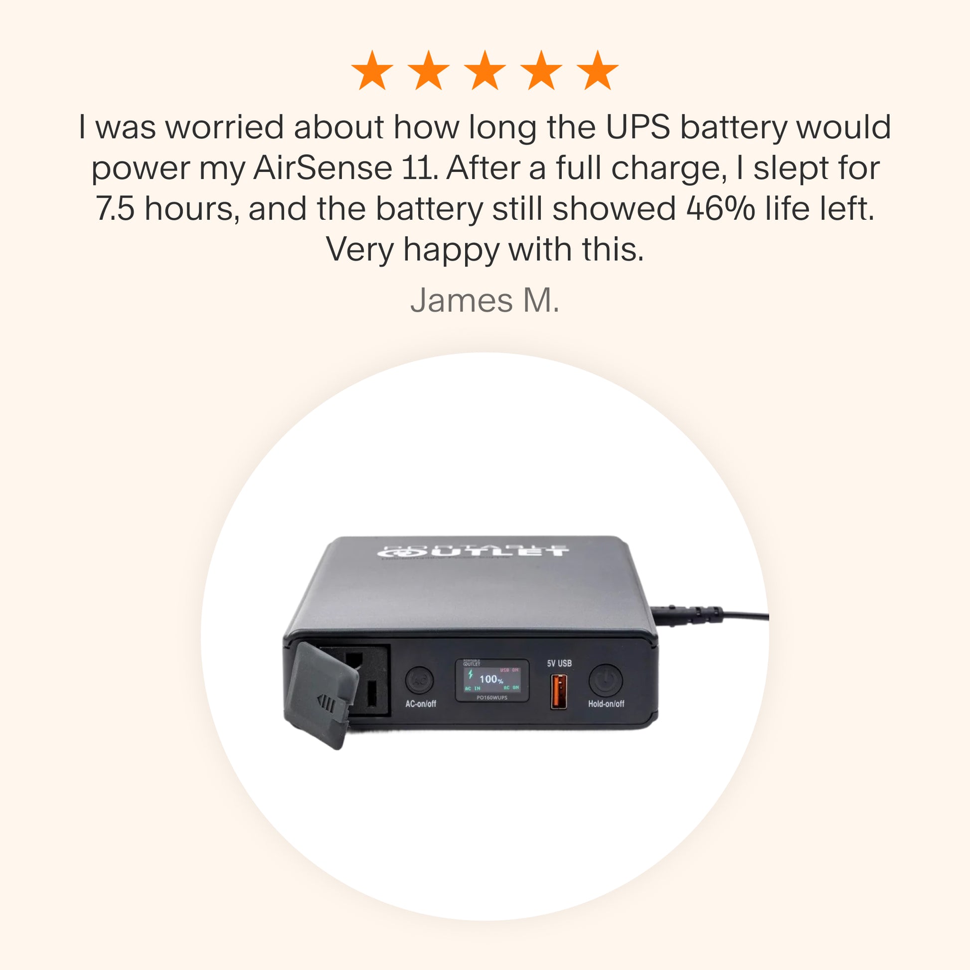 Testimonial praising Portable Outlet UPS Battery for lasting 7.5 hours with 46% charge remaining on AirSense 11.