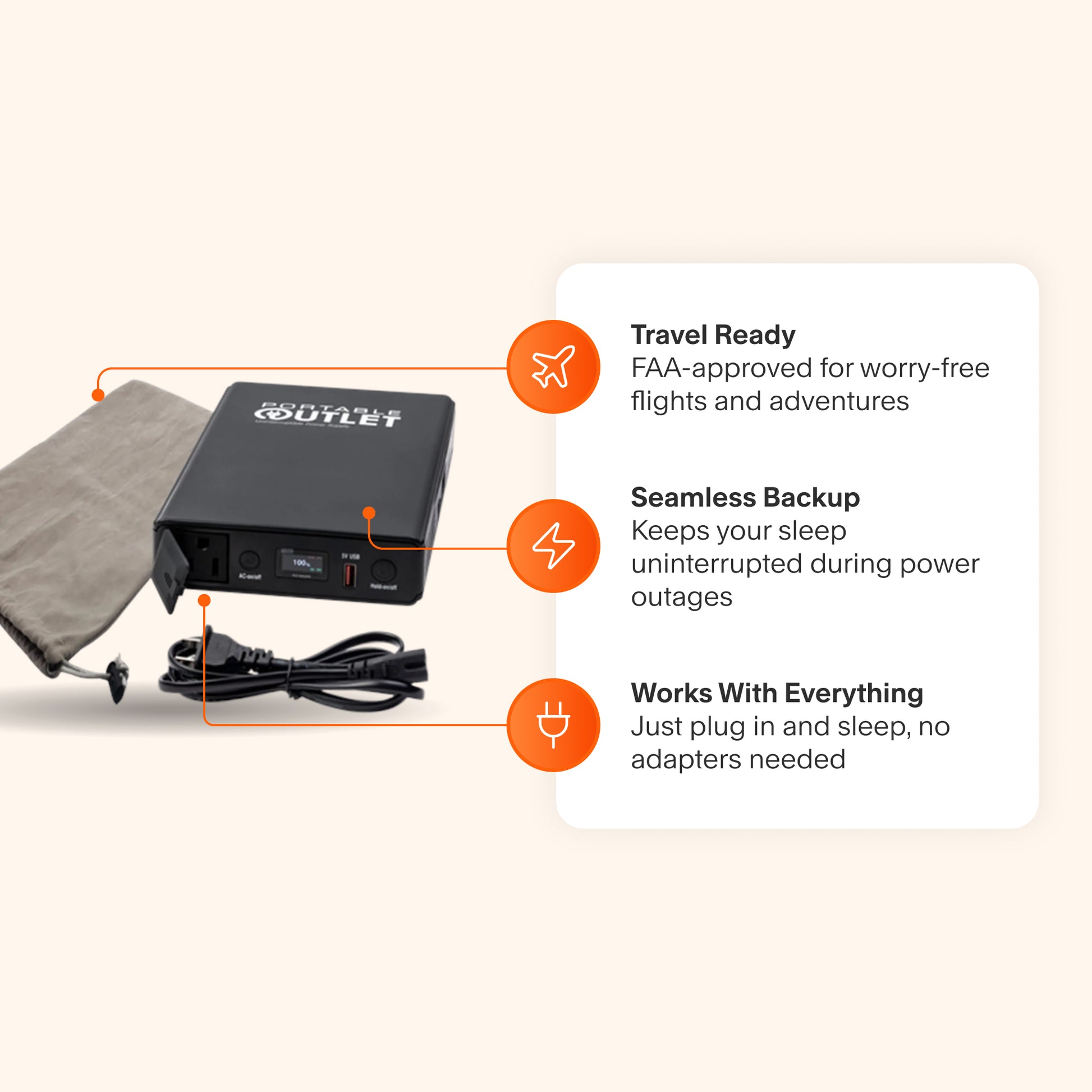 Portable Outlet UPS Battery highlighting universal compatibility, seamless backup during outages, and FAA approval for travel.