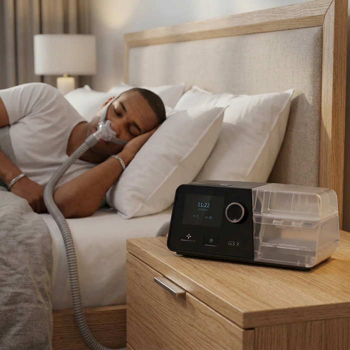 Man sleeping with React Health G3 X auto CPAP machine on a nightstand next to the bed.