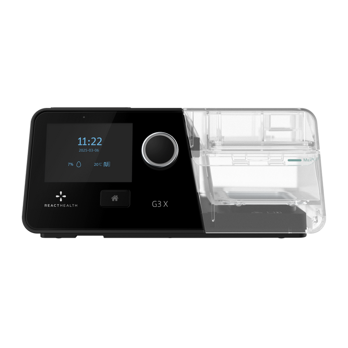 React Health G3 X Auto CPAP machine, black finish with digital display and transparent water chamber.