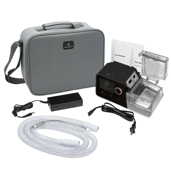 React Health G3 X Auto CPAP machine with gray carrying case, water chamber, tubing, and power adapter.