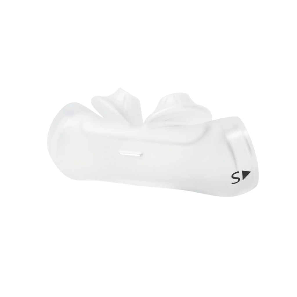 Philips Respironics DreamWear nasal pillow in white silicone, side view showing the 'S' size marker.