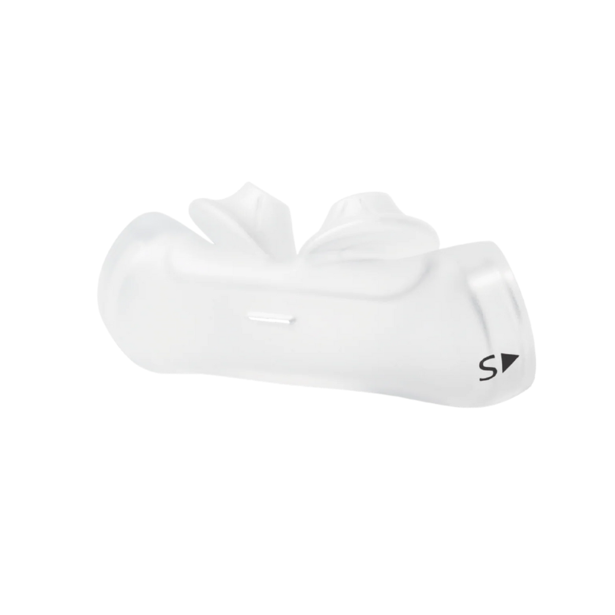 Philips Respironics DreamWear nasal pillow in white silicone, side view showing the 'S' size marker.