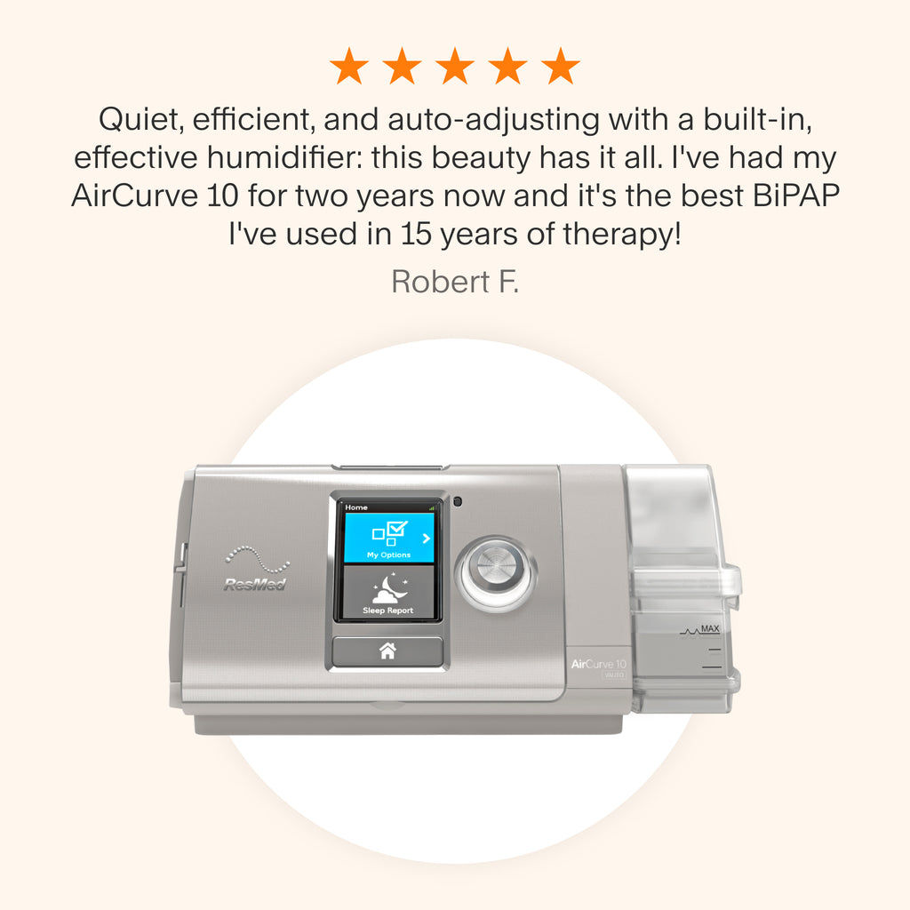 Testimonial praising the AirCurve 10 for its quiet operation, efficient performance, auto-adjusting features, and built-in humidifier, described as the best BiPAP after 15 years of therapy.