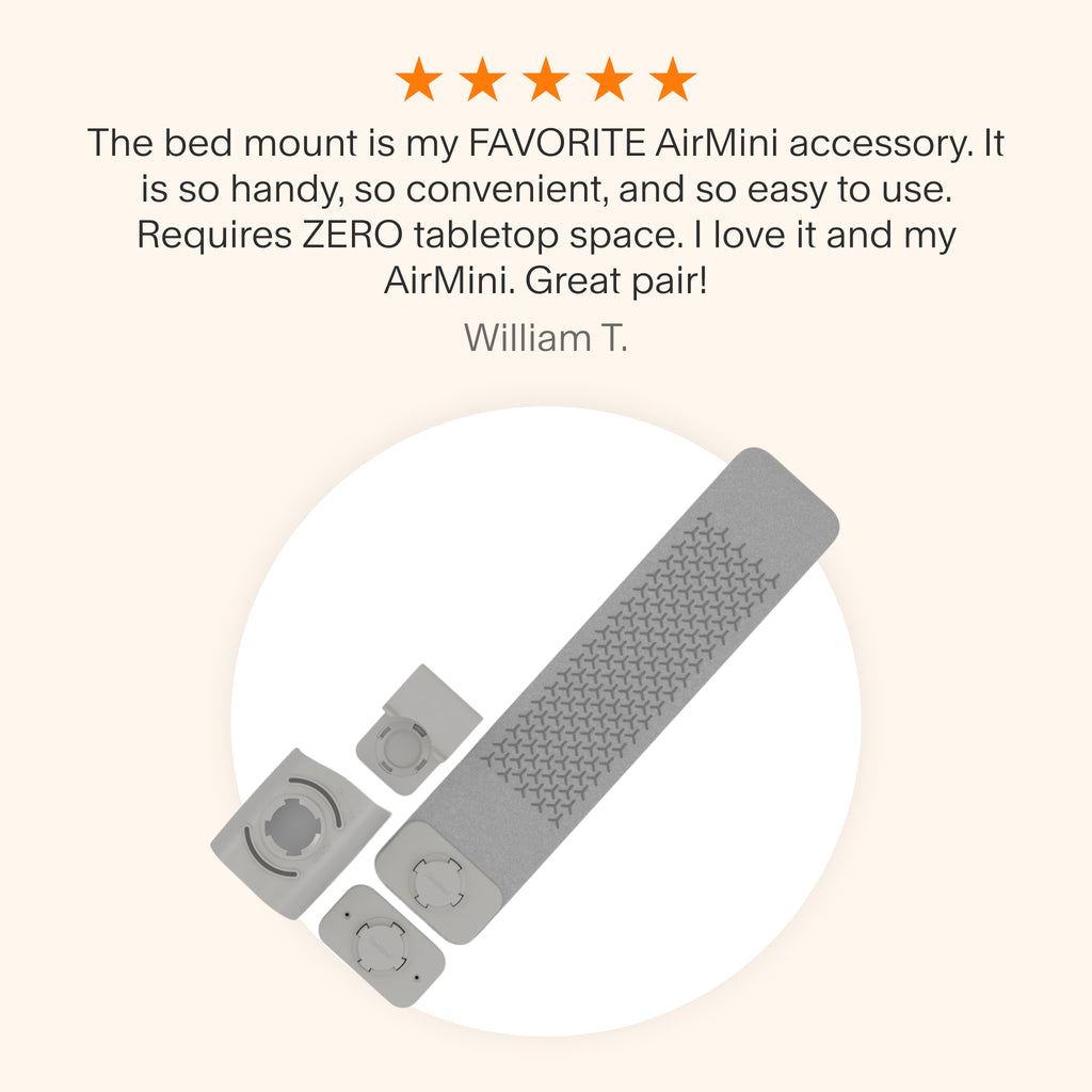 Testimonial praising the AirMini Bed Mount as a favorite accessory for its convenience, ease of use, and space-saving design, making it a perfect match for the AirMini.