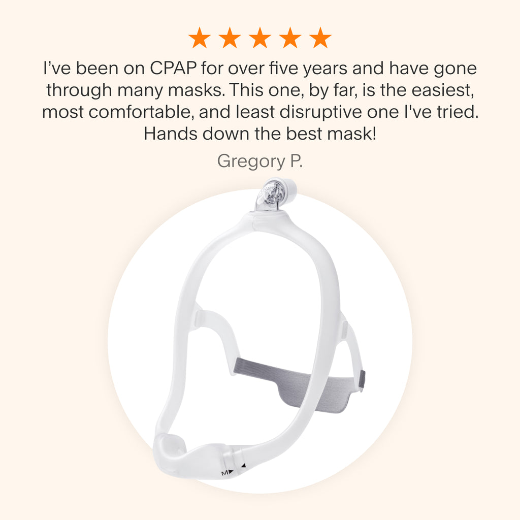 Testimonial praising the DreamWear Nasal CPAP Mask for its comfort, suitability for side sleeping, and ability to allow activities like watching TV or reading, highlighting its minimal, user-friendly design.