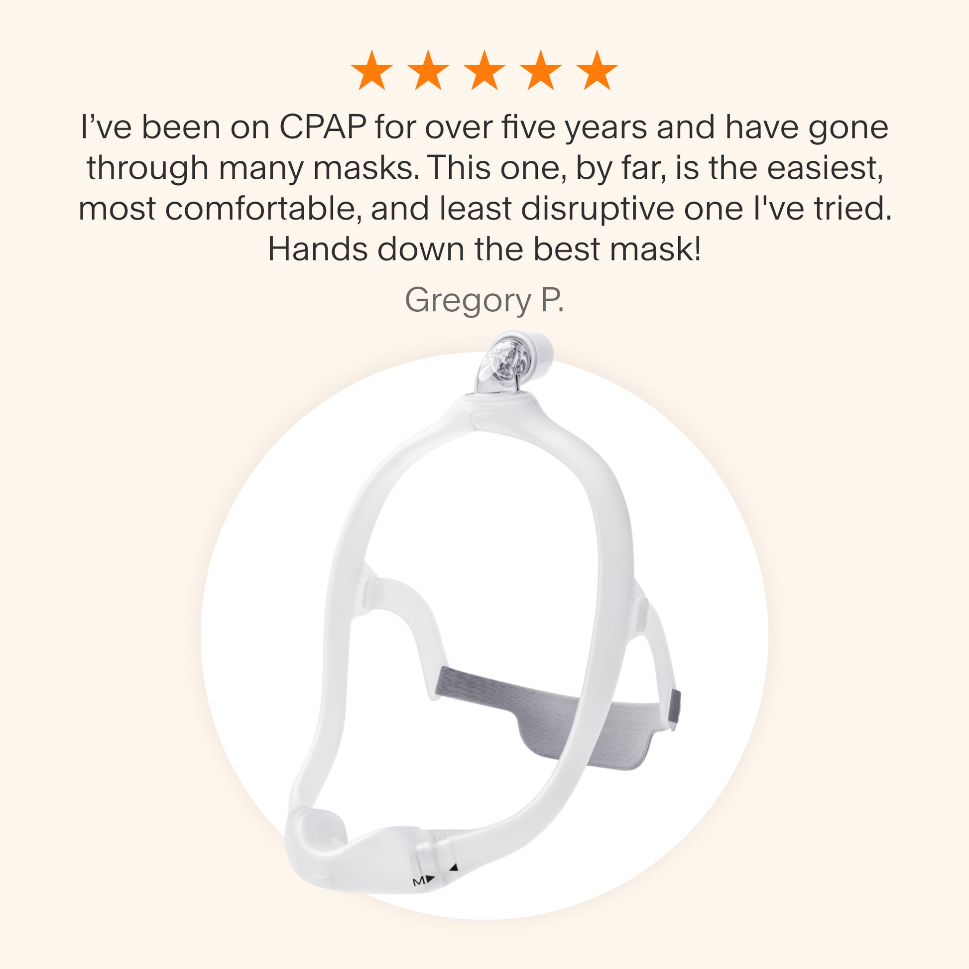Testimonial praising the DreamWear Nasal CPAP Mask for its comfort, suitability for side sleeping, and ability to allow activities like watching TV or reading, highlighting its minimal, user-friendly design.