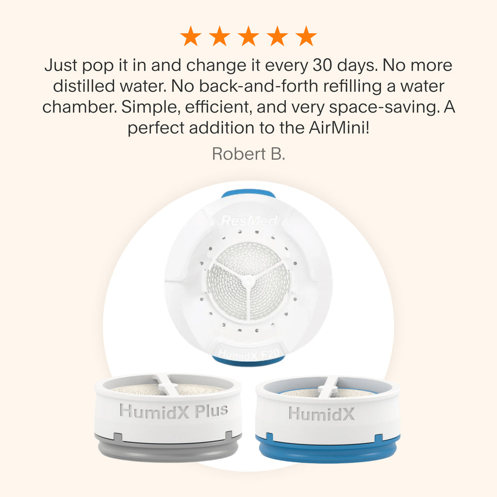 Testimonial praising the HumidX and HumidX Plus for AirMini for its simplicity, efficiency, and space-saving design, eliminating the need for distilled water while traveling.