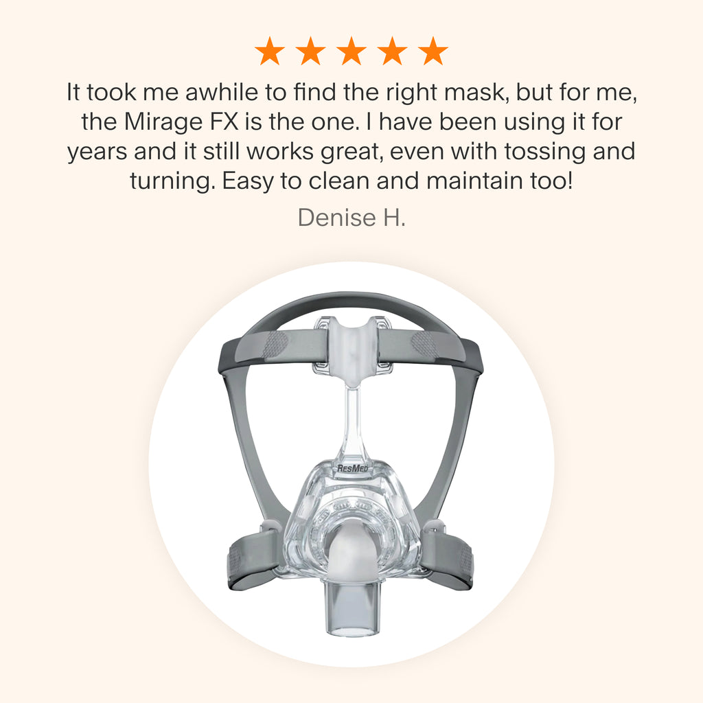 Testimonial praising the Mirage FX Nasal Mask for its long-lasting comfort, reliability through movement, and ease of cleaning and maintenance.