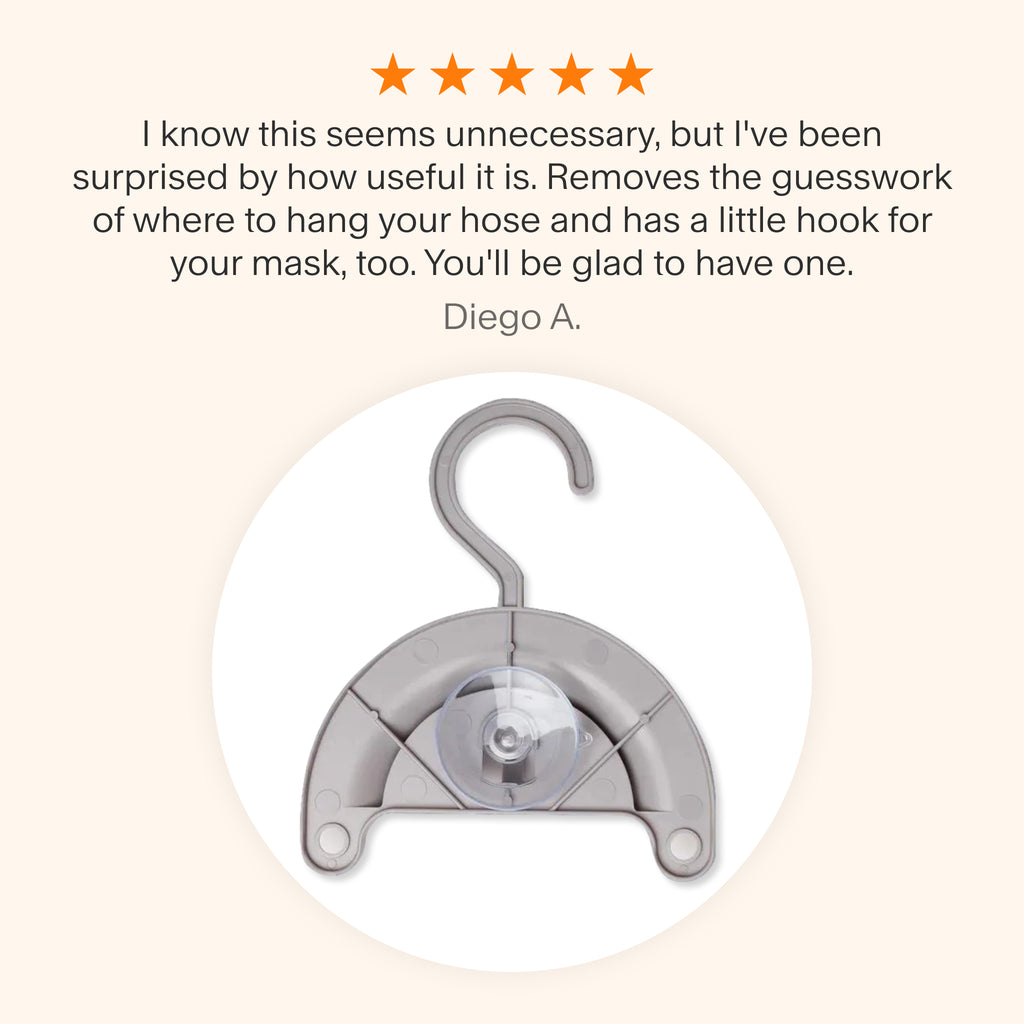 Testimonial praising the CPAP Hose Hanger for its convenience, highlighting its ease of use for hanging hoses and the added mask hook for organized storage.