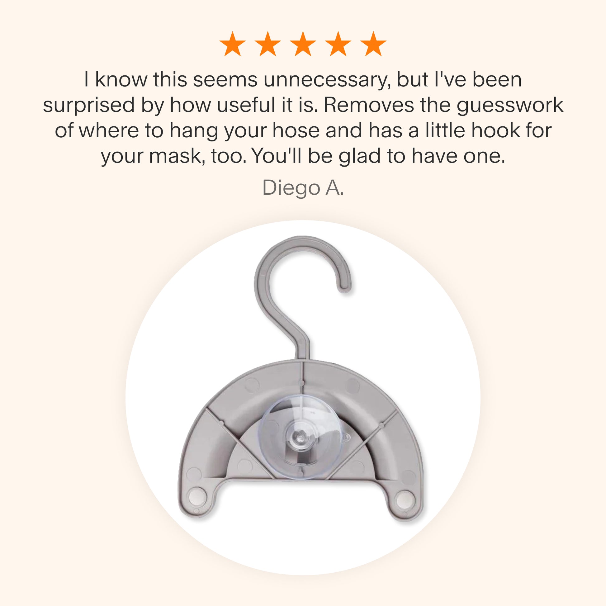 Testimonial praising the CPAP Hose Hanger for its convenience, highlighting its ease of use for hanging hoses and the added mask hook for organized storage.