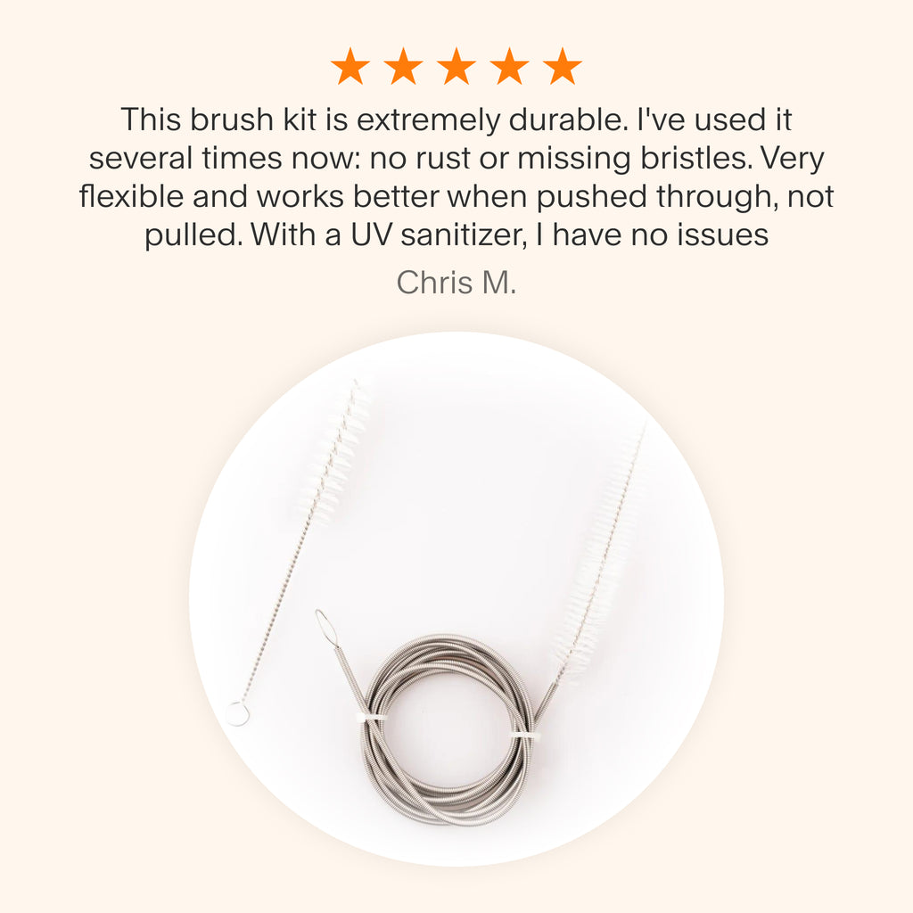 Testimonial for Snugell tube brush kit highlighting its durability, flexibility, rust resistance, and effective cleaning performance when paired with a UV sanitizer.