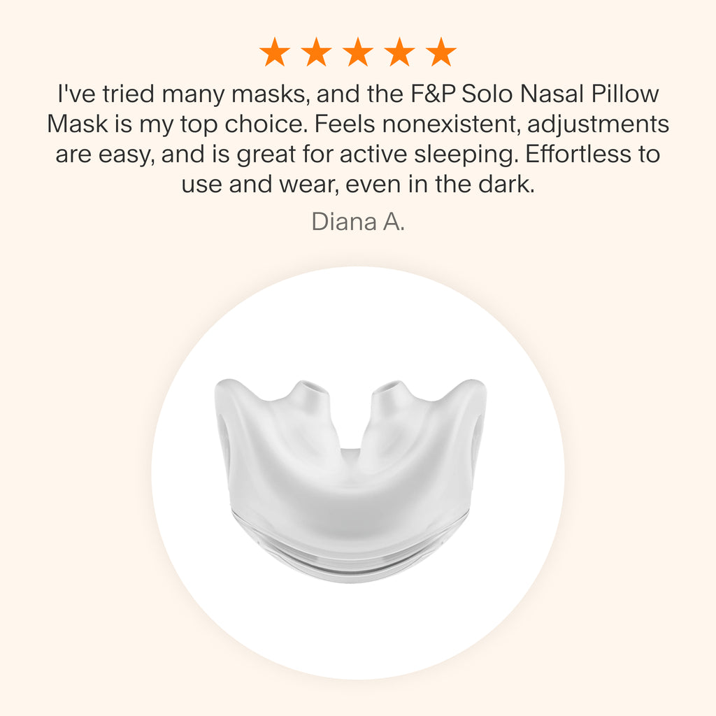 "
Testimonial praising the F&P Solo Nasal Pillow Mask as a top choice for its lightweight feel, easy adjustments, suitability for active sleepers, and effortless use even in the dark."