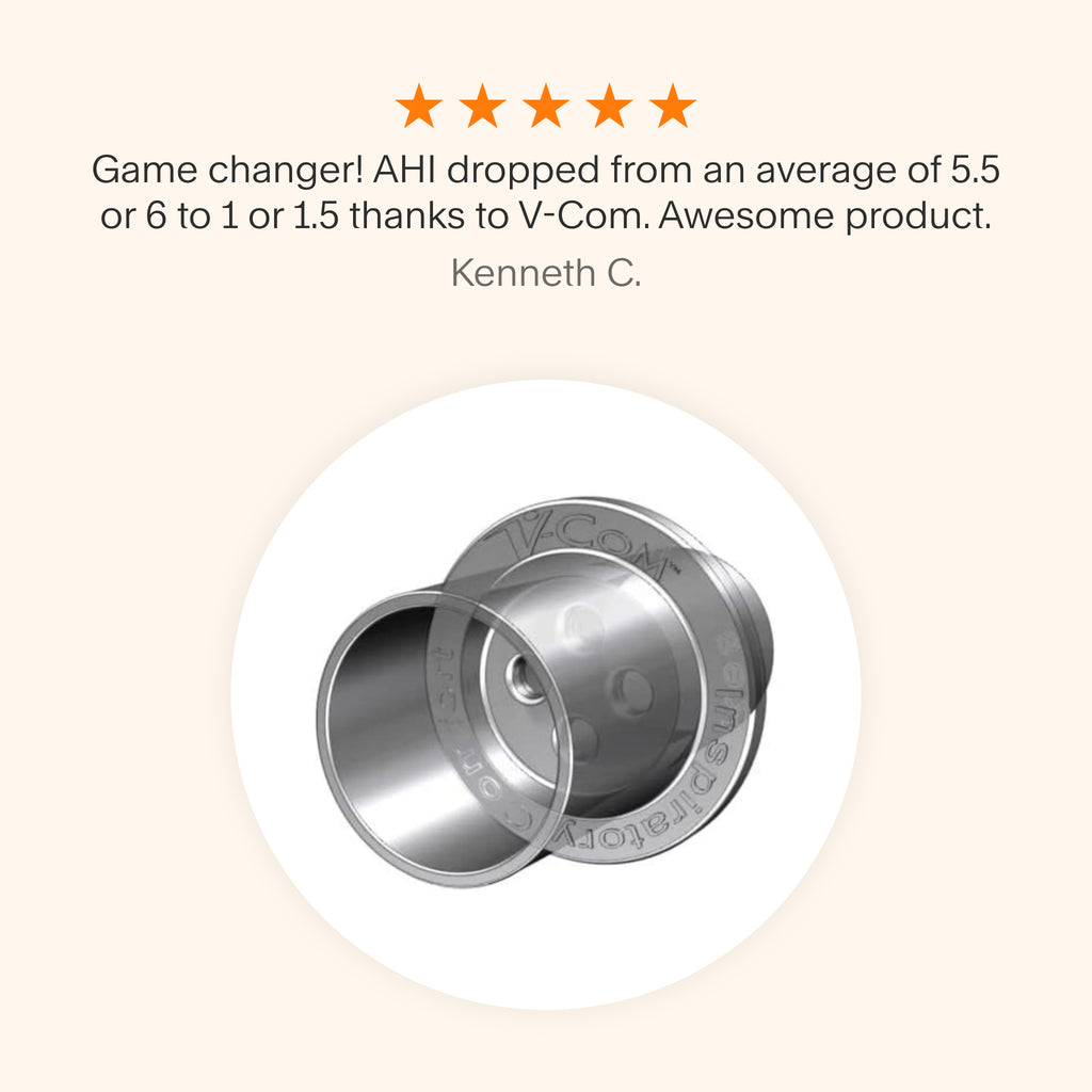 Testimonial celebrating the V-Com adapter as a game changer, highlighting a significant reduction in AHI from 5.5-6 to 1-1.5 for improved therapy results.