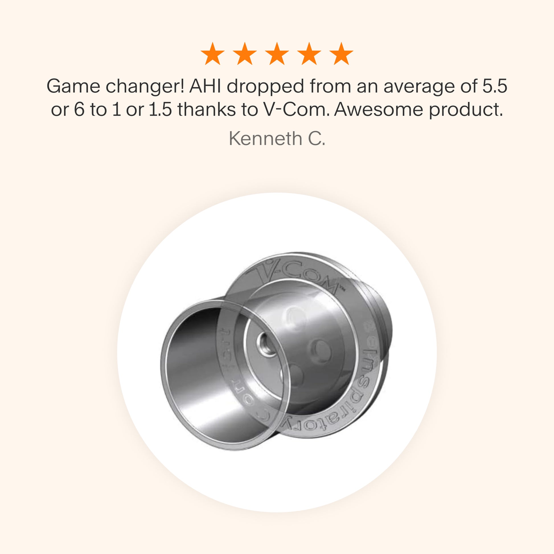 Testimonial celebrating the V-Com adapter as a game changer, highlighting a significant reduction in AHI from 5.5-6 to 1-1.5 for improved therapy results.