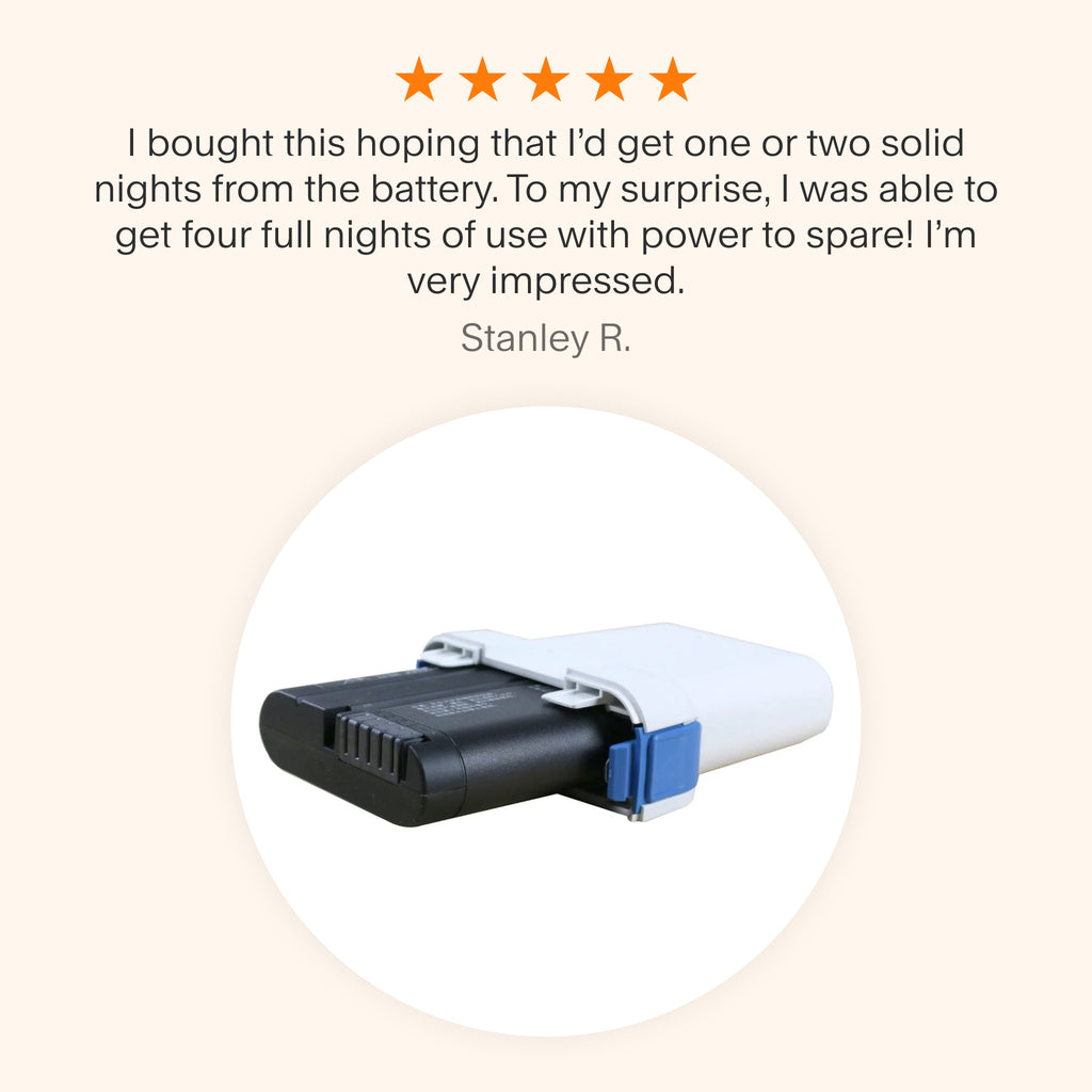 Testimonial praising the Z1 and Z2 PowerShell with Extended Life Battery for exceeding expectations with up to four nights of reliable CPAP use on a single charge.