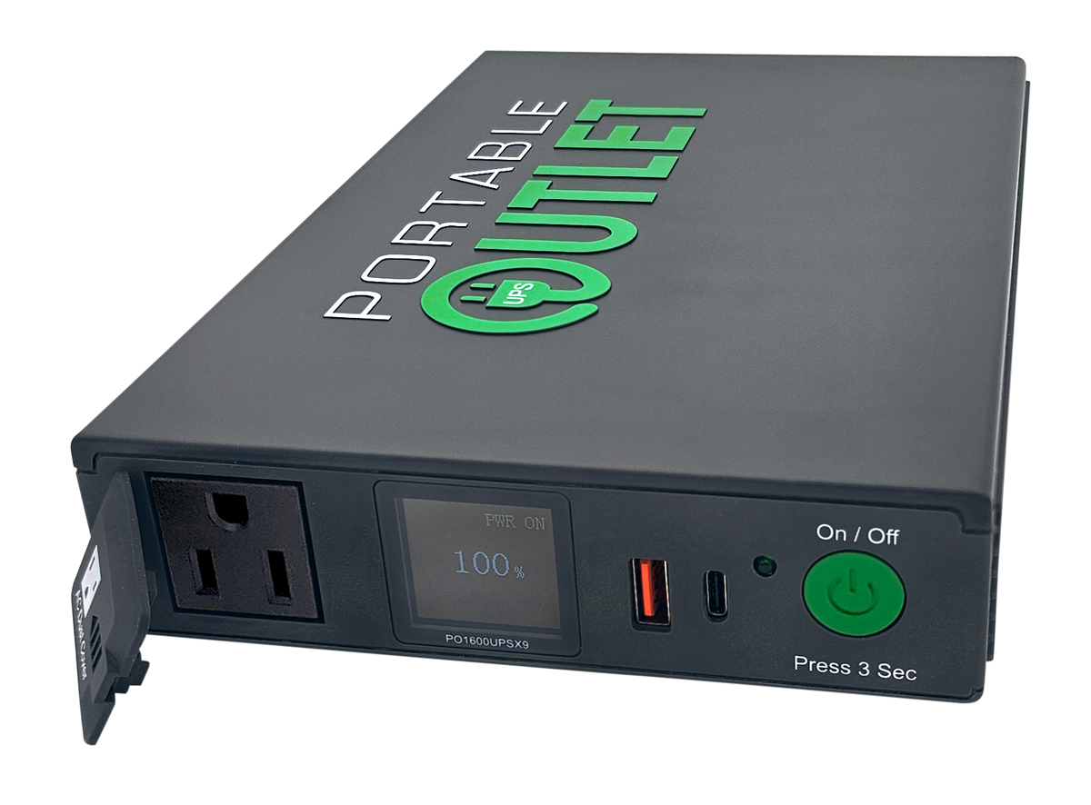 Portable Outlet X9 CPAP Battery, grey portable power station with AC outlet and digital display.