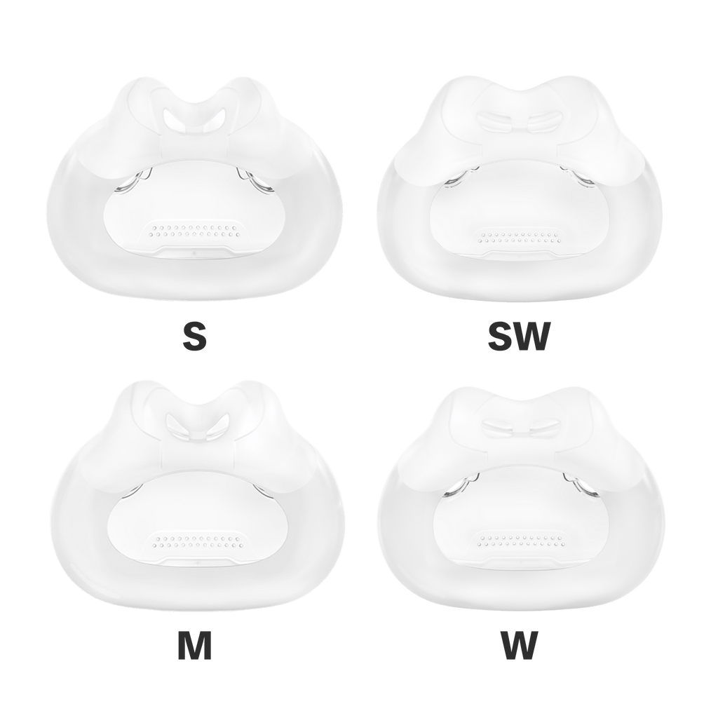 family shot showing all sizes of f30i cushion - small, small wide, medium, and wide.