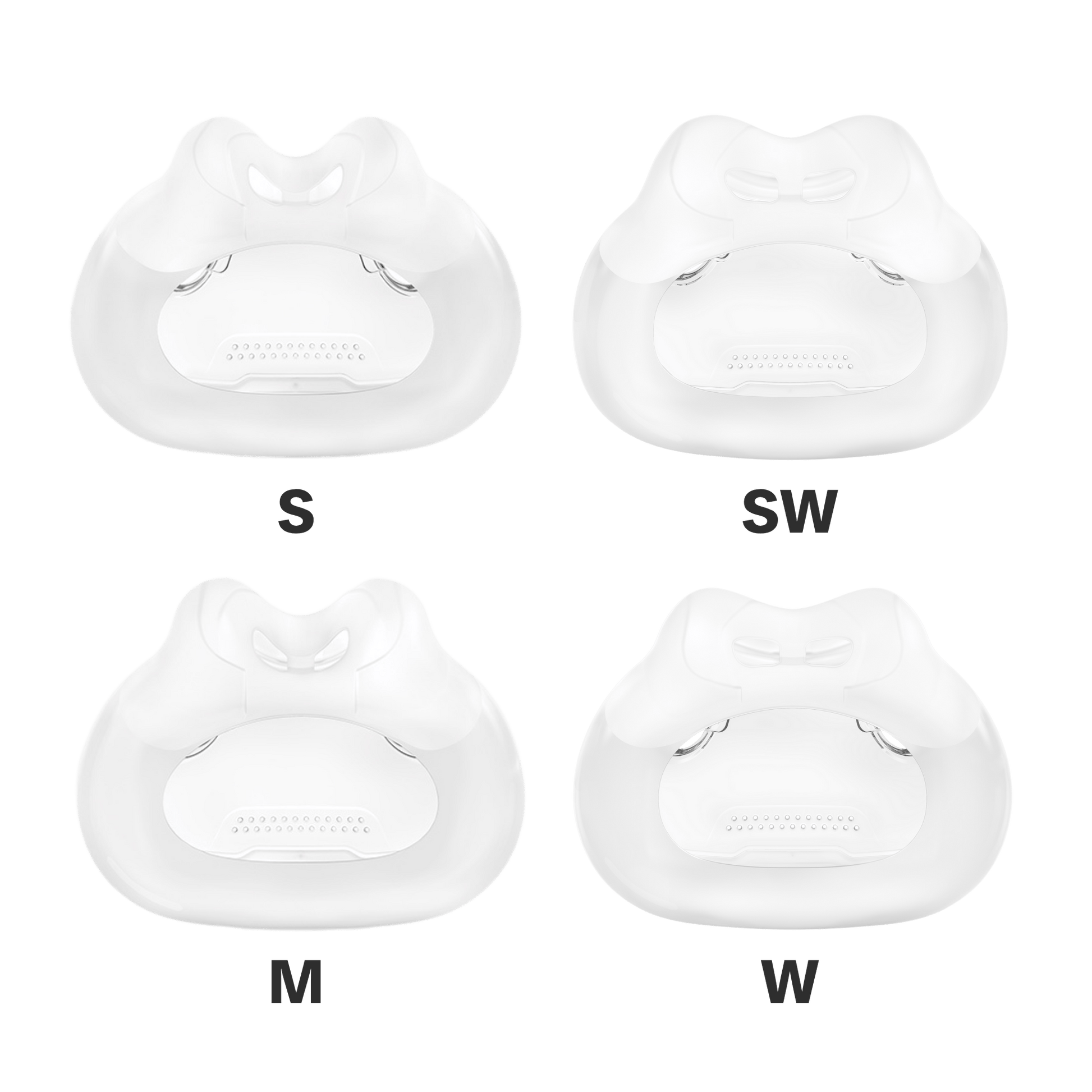 family shot showing all sizes of f30i cushion - small, small wide, medium, and wide.