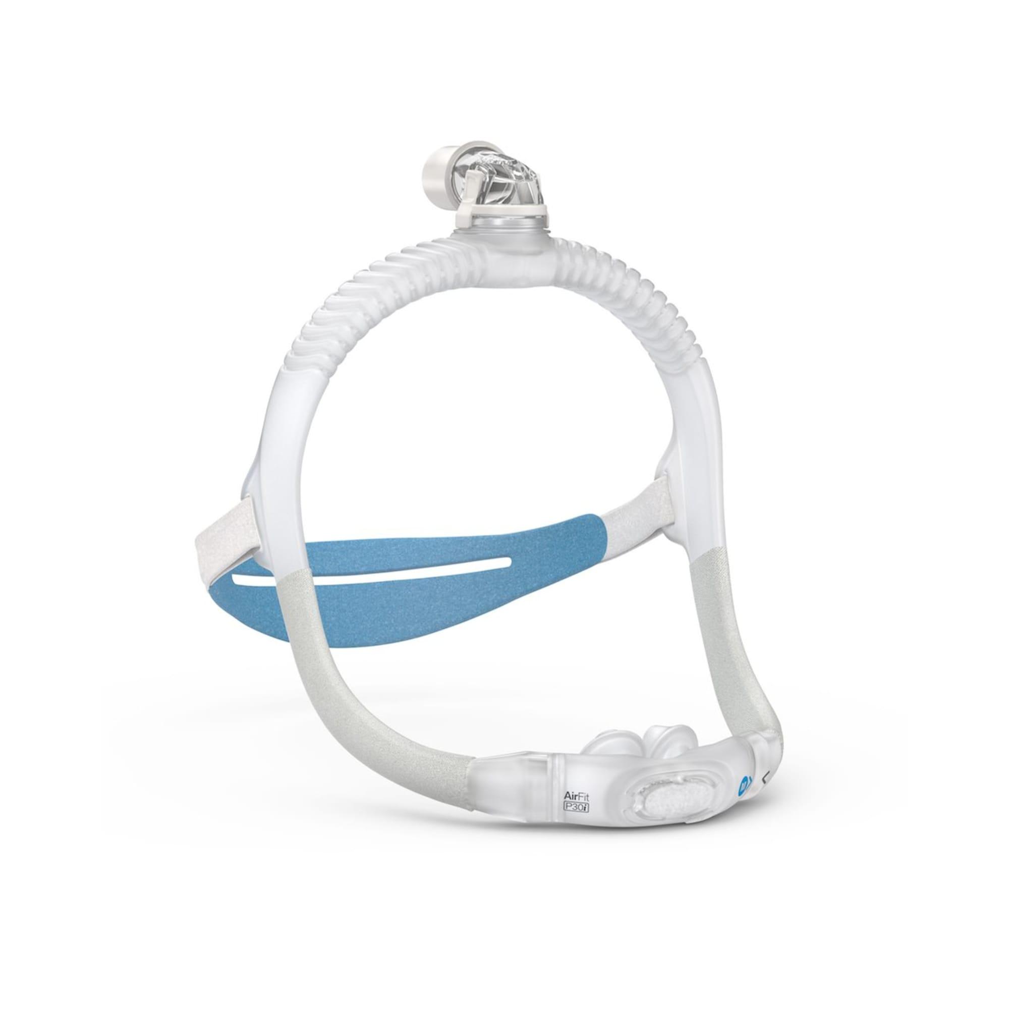 A white and blue CPAP mask for sleep apnea treatment.