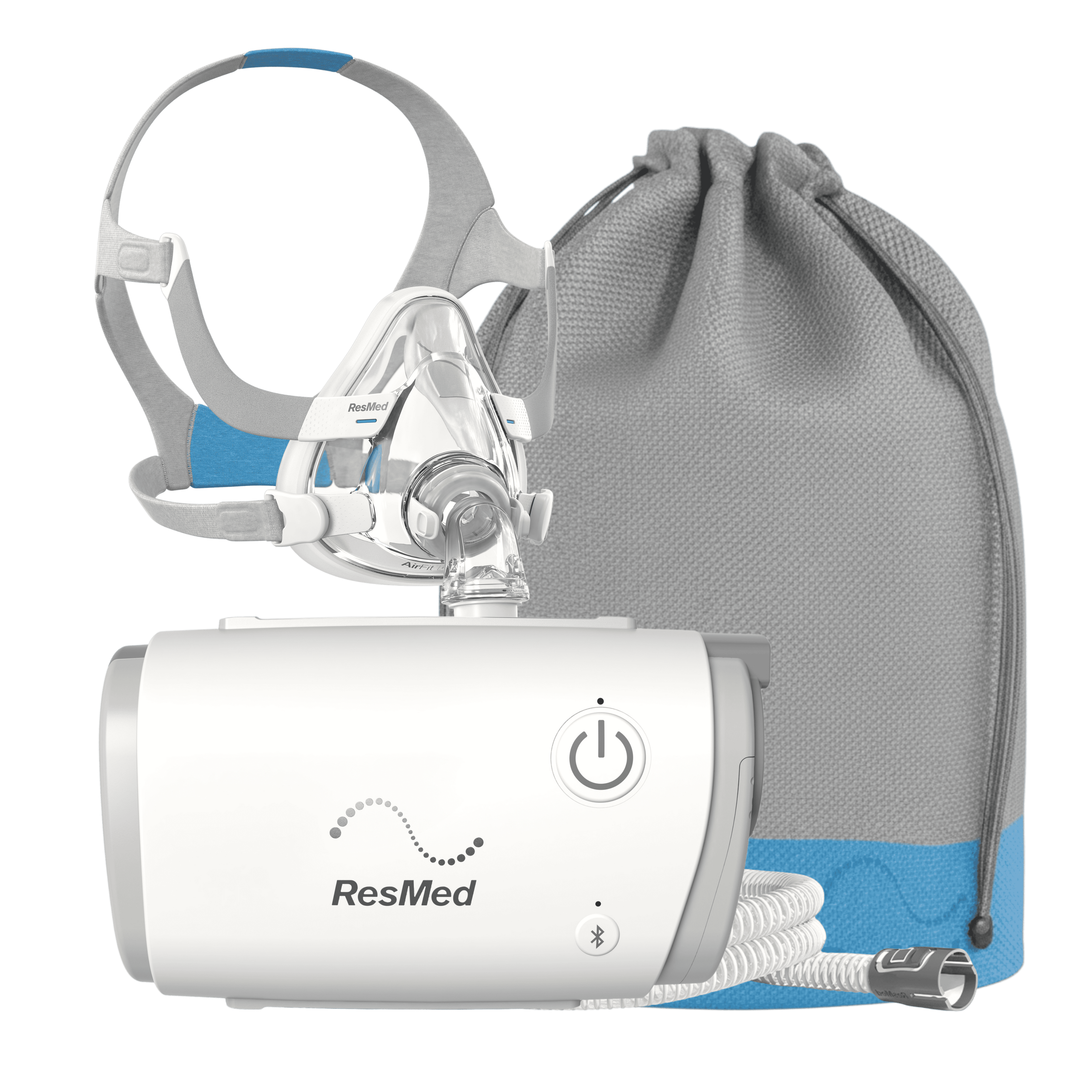 Bundle shot showing airmini, included drawstring travel pouch, airmini tubing, and AirFit F20 CPAP Mask.