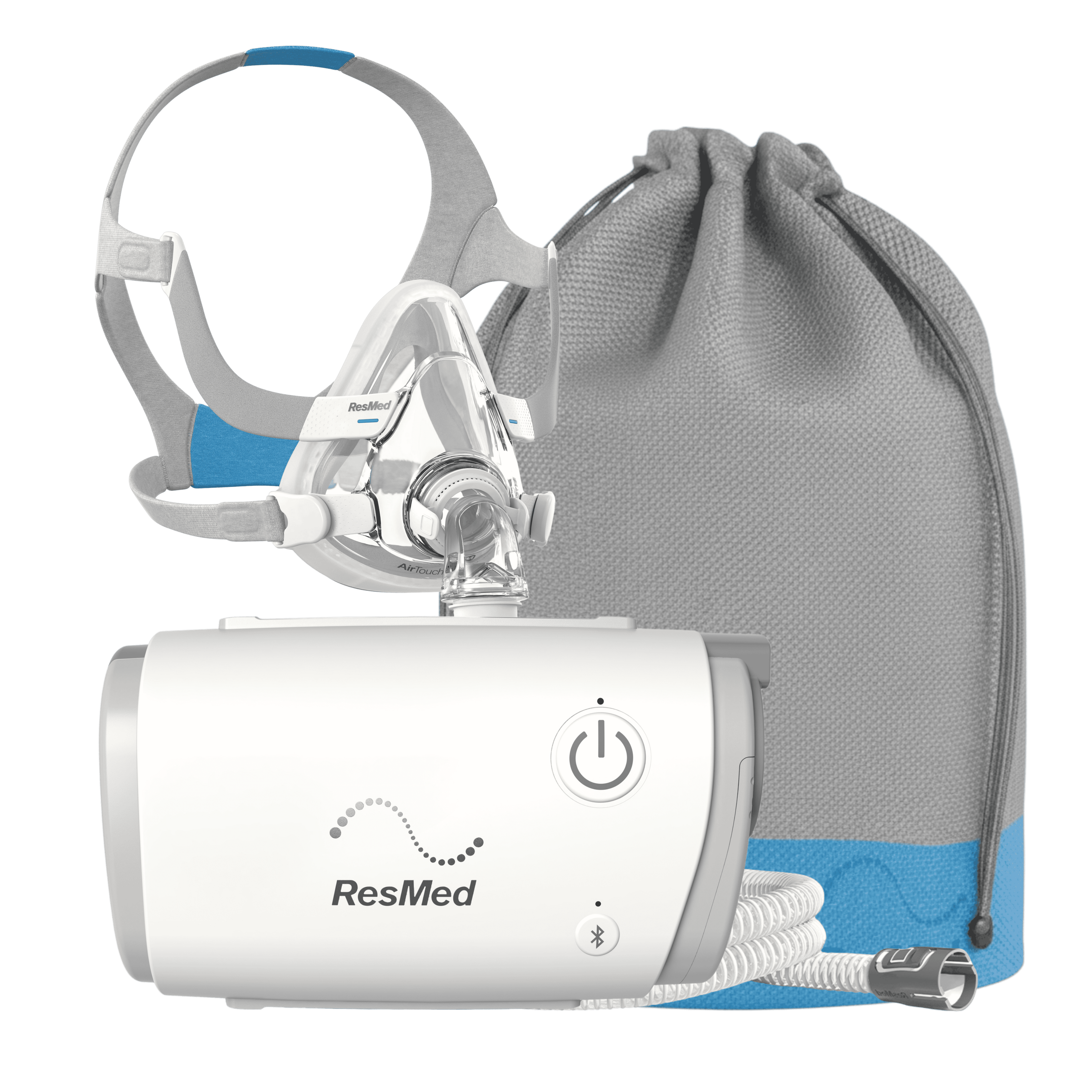 Bundle shot showing airmini, included drawstring travel pouch, airmini tubing, and AirTouch F20 Memory Foam CPAP Mask.
