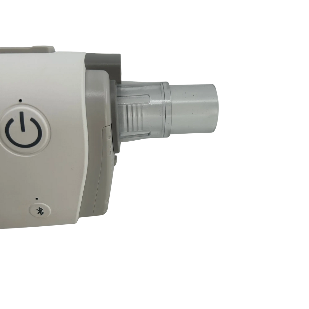 sleeping.com Universal CPAP Hose Connector, side view of the grey adapter attached to a white machine