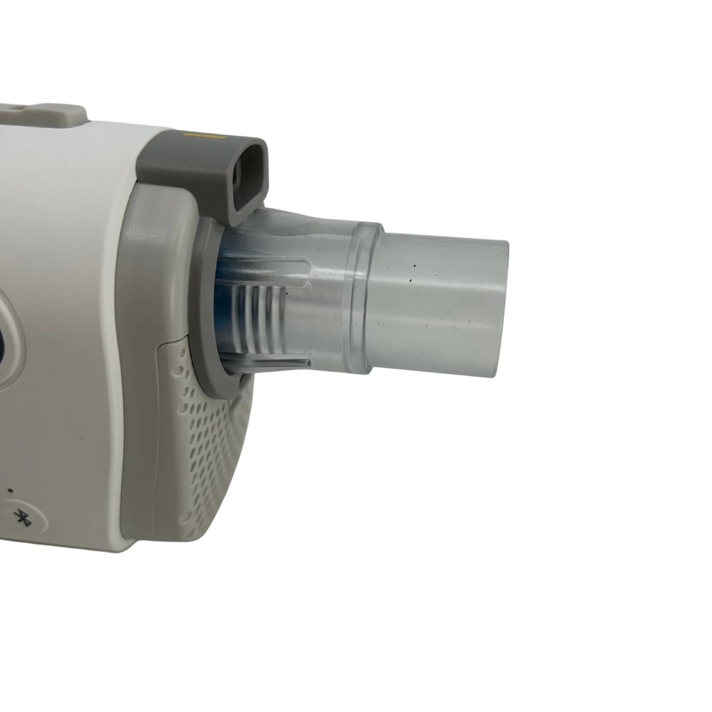 sleeping.com Universal CPAP Hose Connector, side view of white and grey plastic adapter