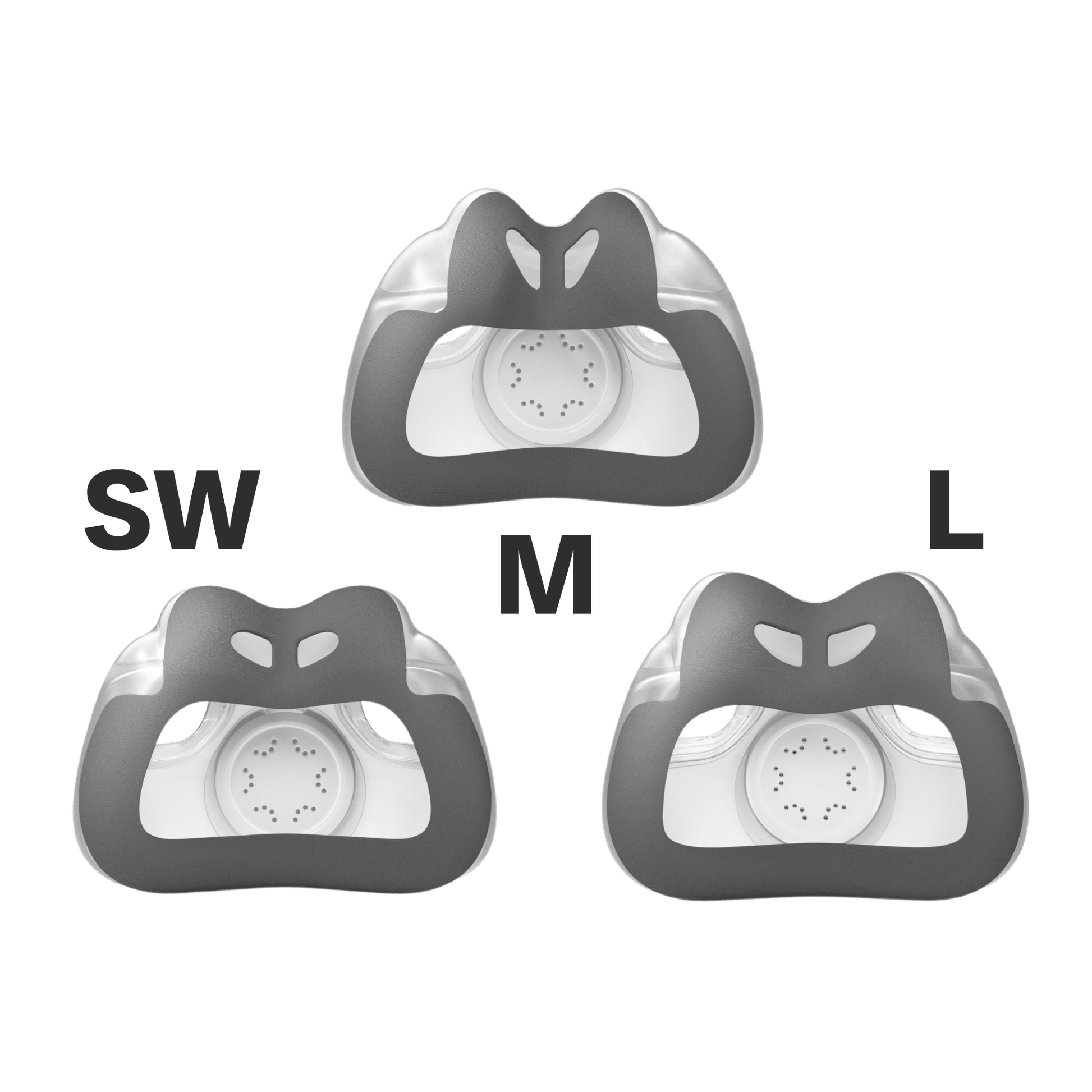 an assortment shot showing all three cushion options for the airtouch f30i - small-wide, medium, and large