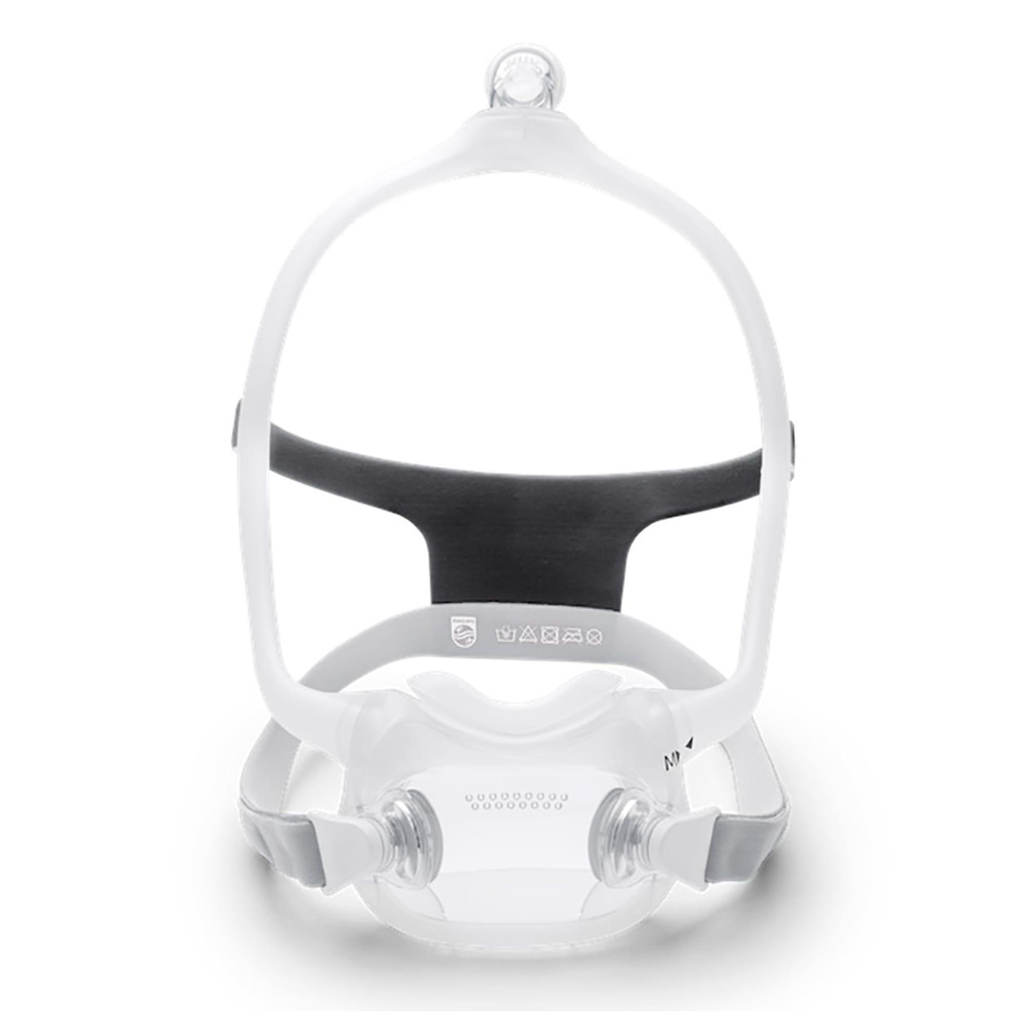 Full-face CPAP mask with transparent design and headgear straps.