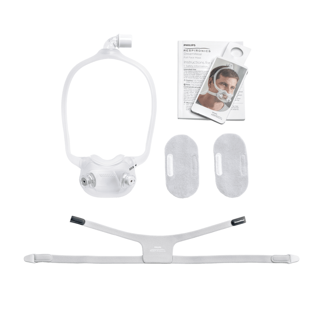 All parts of the dreamwear full face cpap mask laid out, including the hollow frame, headgear, tubing elbow, soft fabric frame wraps, low profile full face cushion, user manual, and quick start guide. 