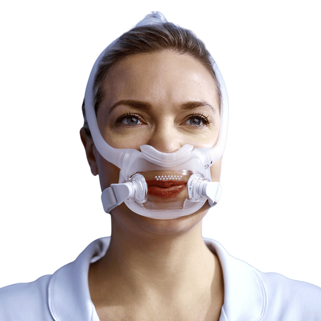 woman wearing dreamwear full face cpap mask seen from the front