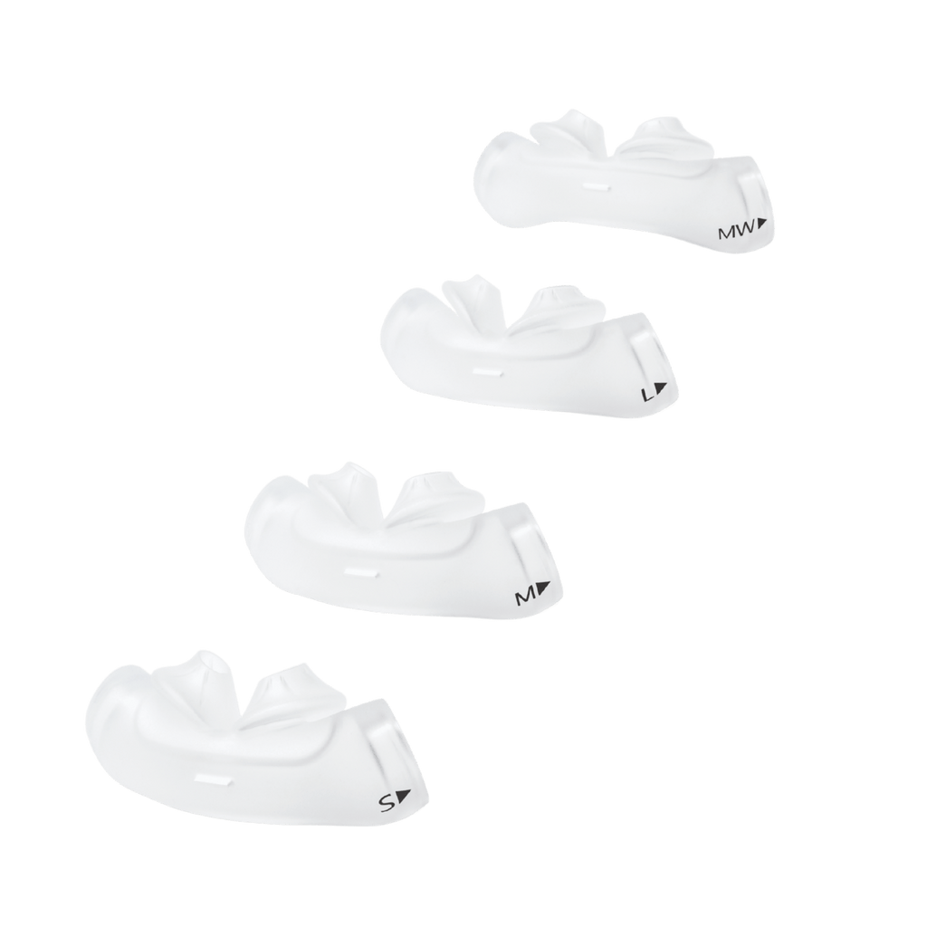 all four nasal pillow sizes included with the dreamwear nasal pillow cpap mask - small, medium, medium wide, and large.