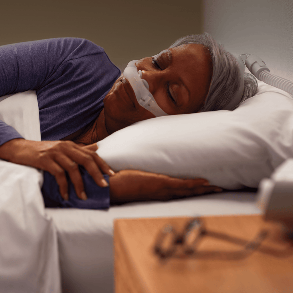 a woman sleeps soundly while wearing the dreamwear nasal pillow cpap mask