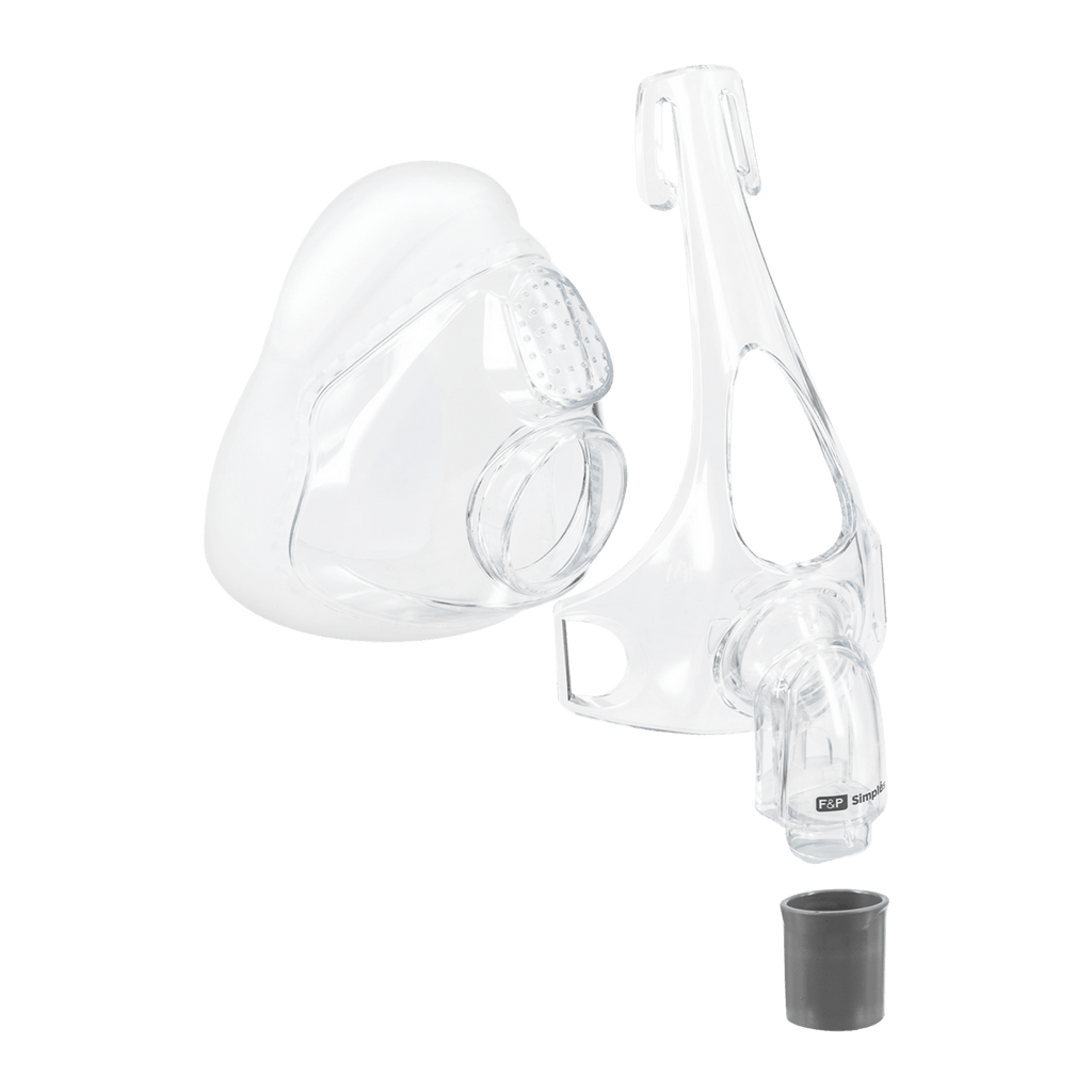 exploded view showing F&P Simplus assembly kit containing a cushion, mask frame, and swivel elbow