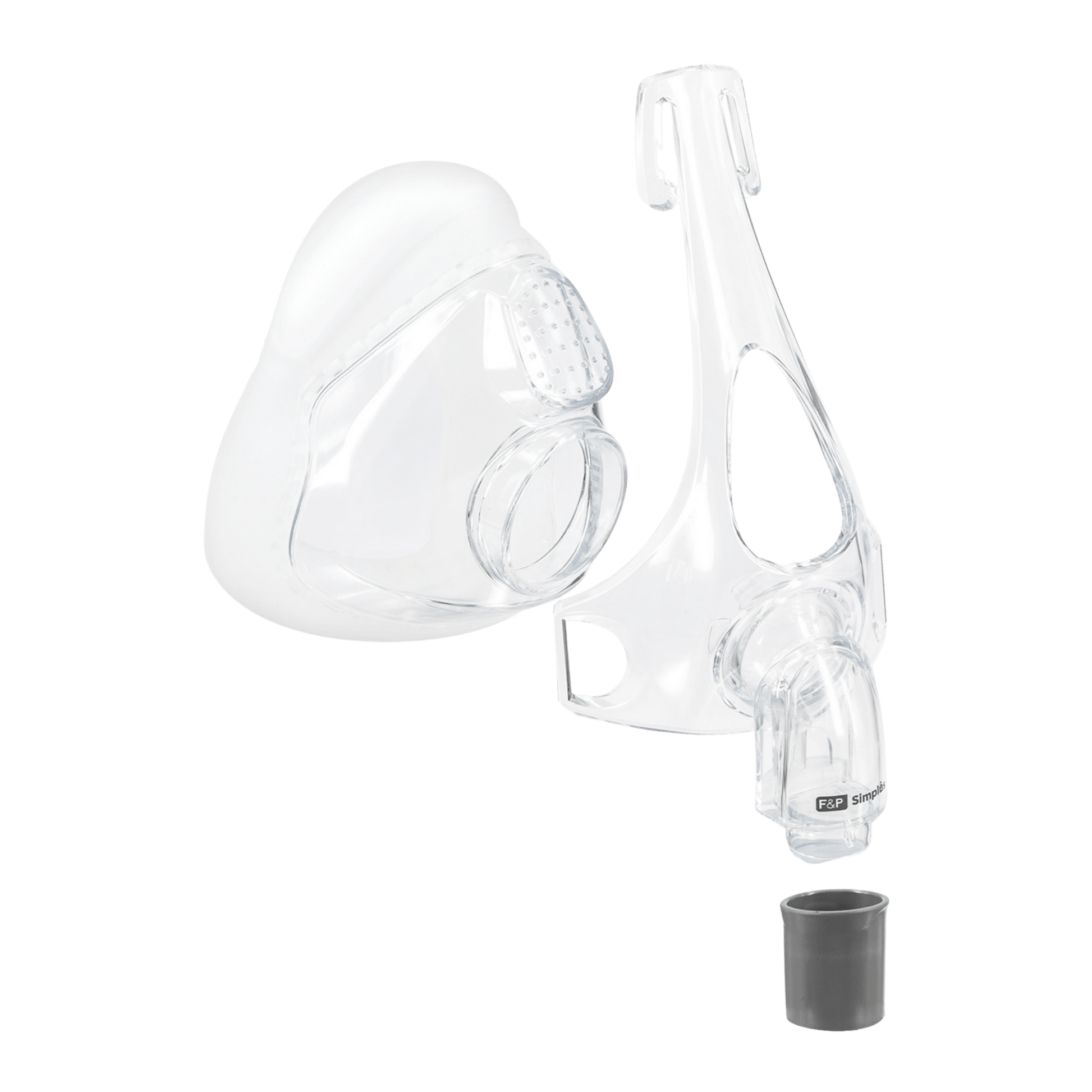 exploded view showing F&P Simplus assembly kit containing a cushion, mask frame, and swivel elbow