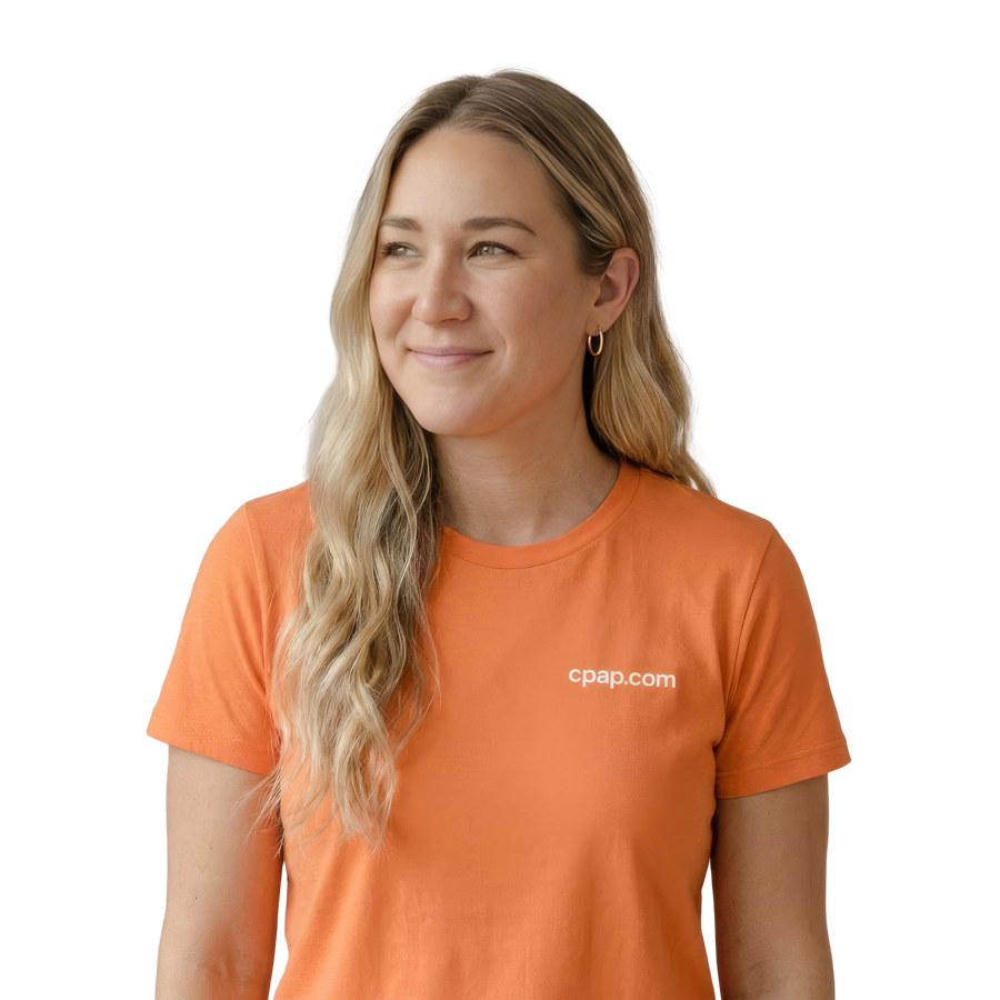 Woman with long blonde hair wearing an orange t-shirt with cpap.com logo.