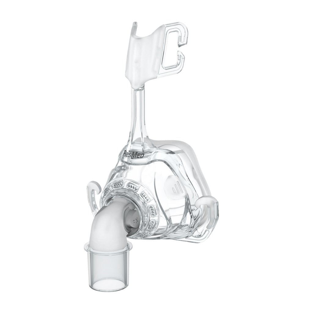 mirage fx assembly kit showing swivel elbow, frame, and cushion connected, from the front