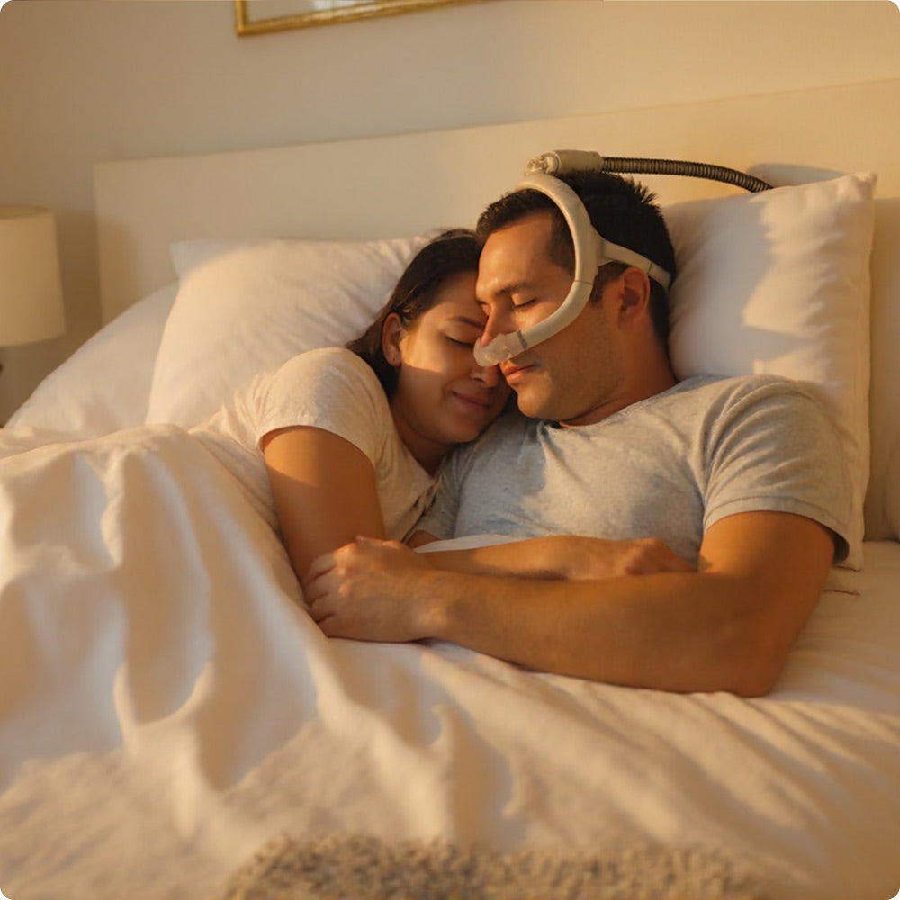 Couple sleeping in bed with the man wearing a white CPAP nasal mask.