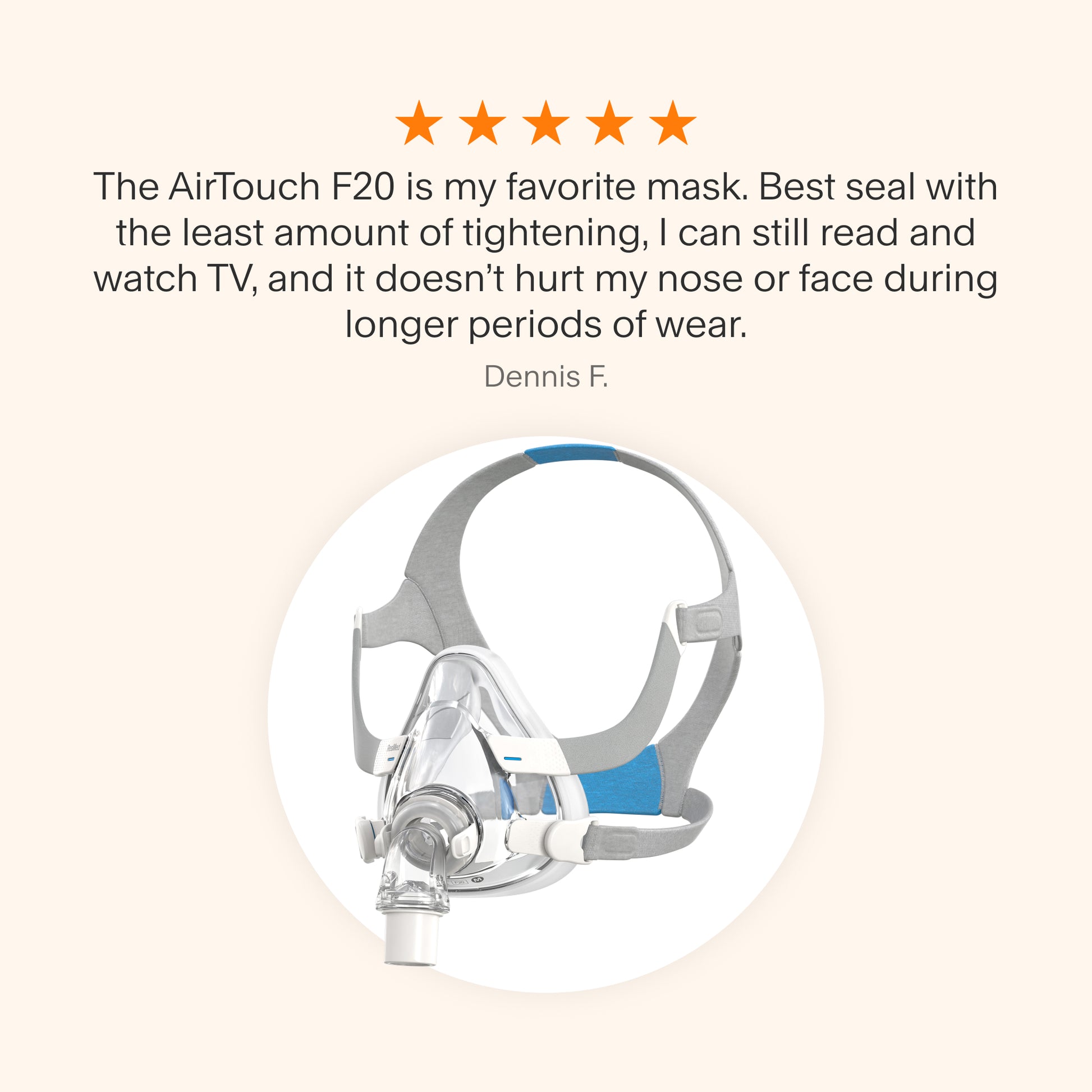 ResMed AirTouch F20 Full Face CPAP Mask with a memory foam cushion and flexible swivel elbow. Includes a five-star customer review emphasizing comfort, minimal tightening, and suitability for extended use.