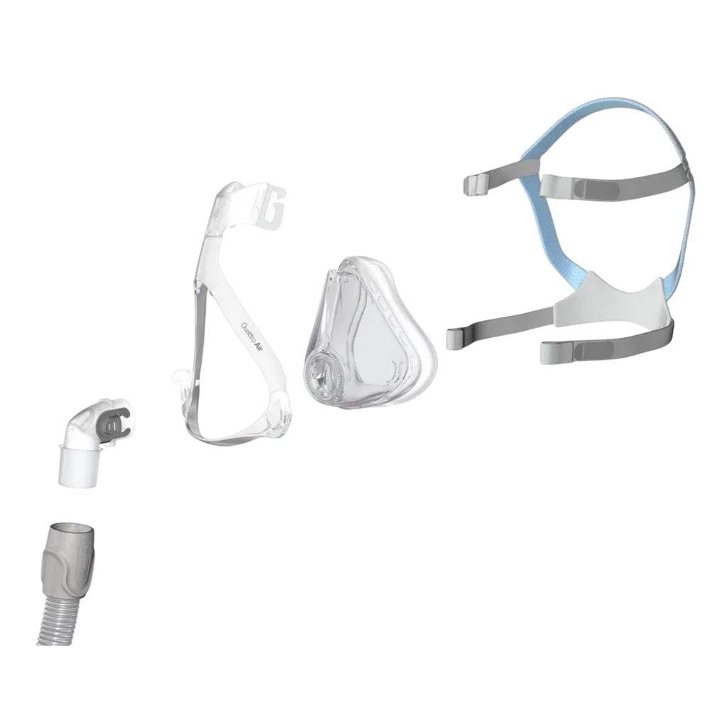 Exploded-view image of all the parts of a Quattro™ Air Full Face Mask with Headgear