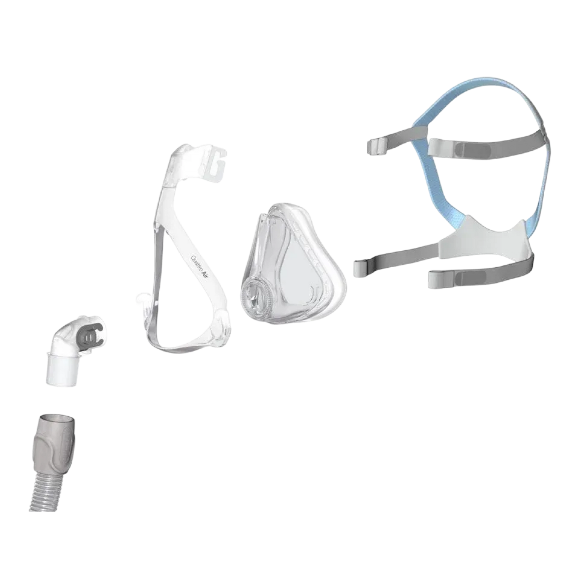 Exploded-view image of all the parts of a Quattro™ Air Full Face Mask with Headgear