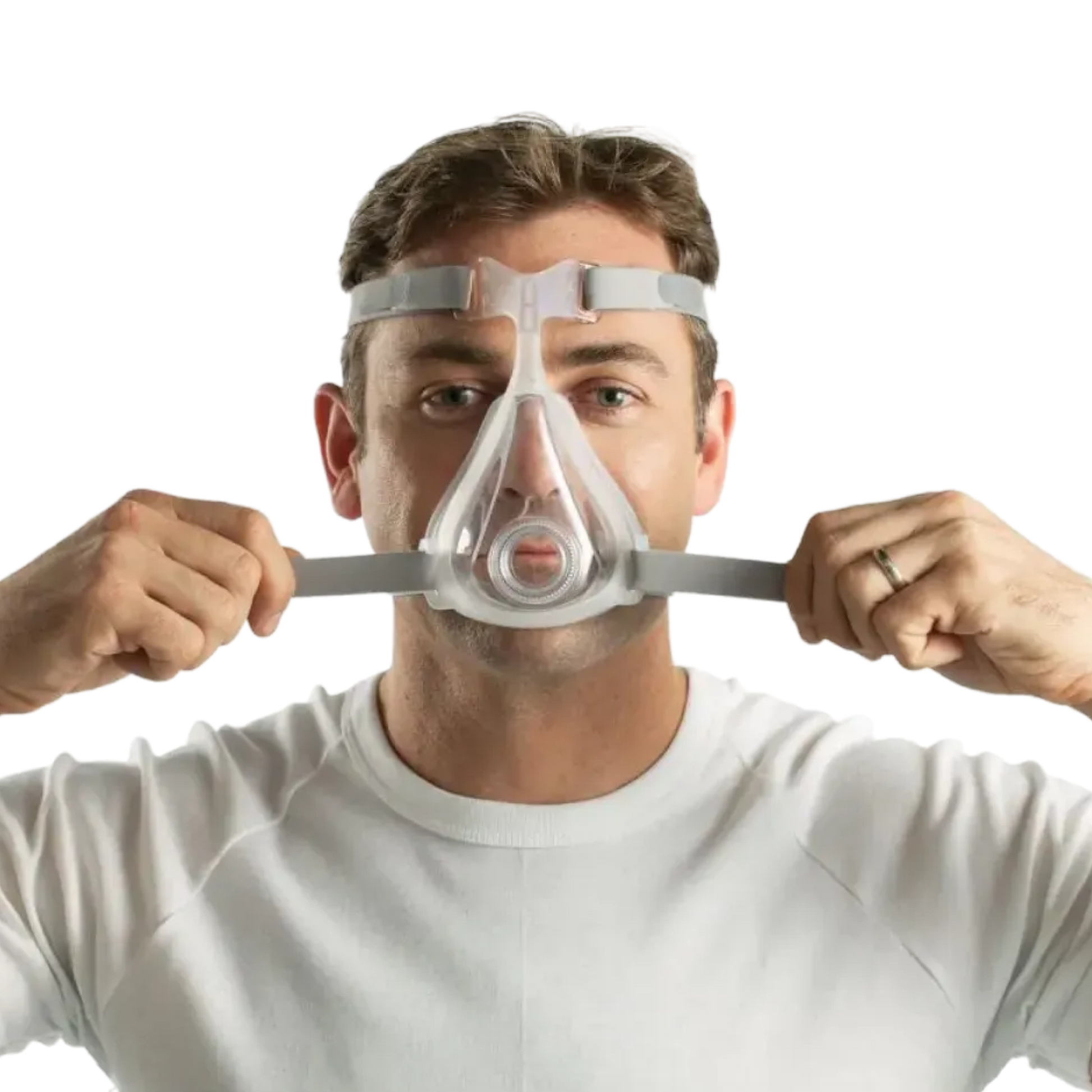 Front-facing image of a man adjusting a  Quattro™ Air Full Face Mask with Headgear  on his face