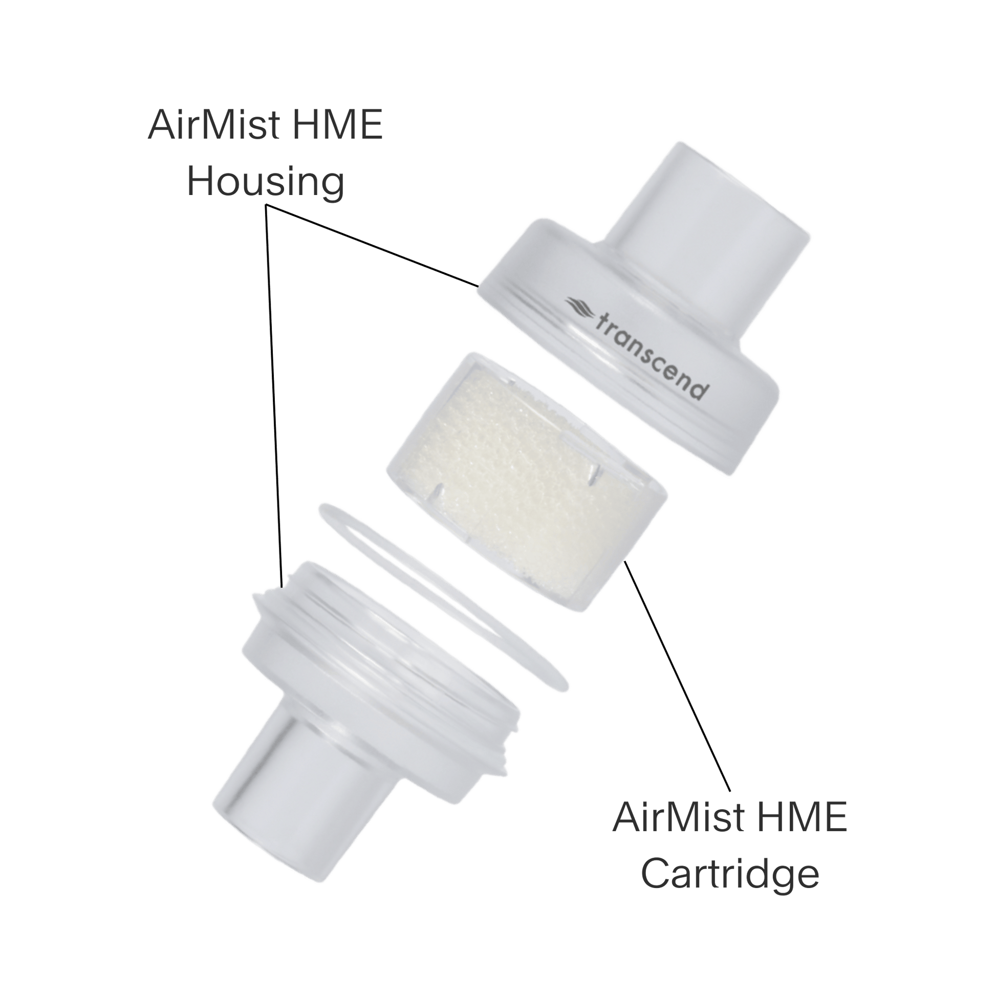 Breakdown shot of transcend airmist hme showing hard plastic shell housing and replaceable cartridge.