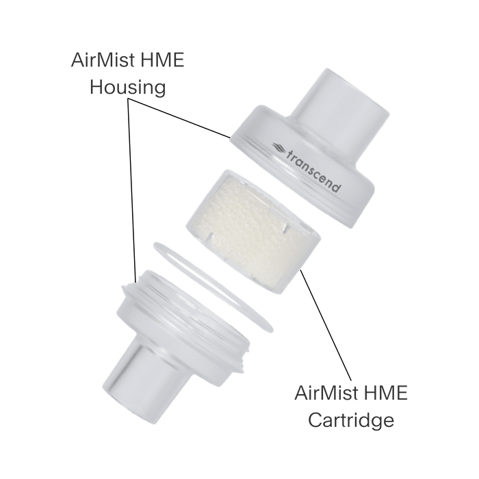Breakdown shot of transcend airmist hme showing hard plastic shell housing and replaceable cartridge.
