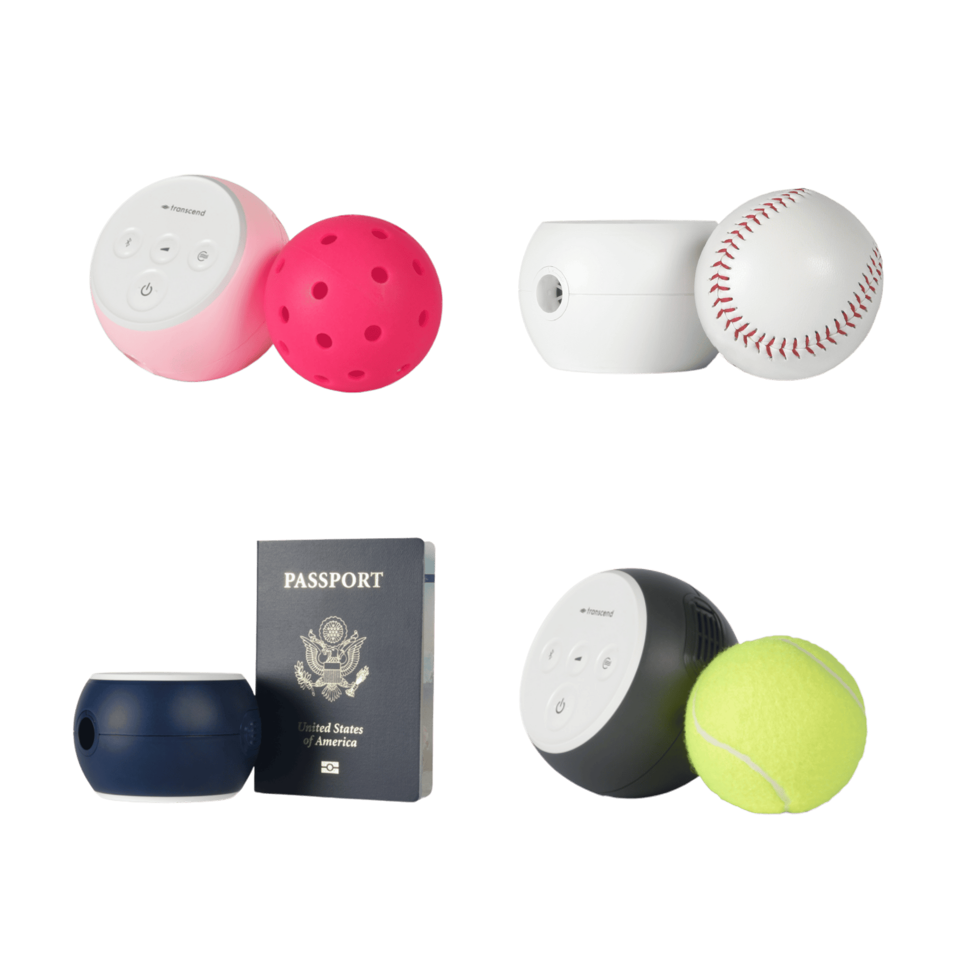 all four transcend micro colors shown next to various objects for size reference; slightly wider than tennis/wiffle balls, shorter than a baseball, half as tall as a passport. 